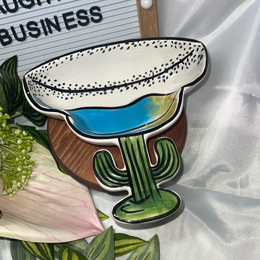 Clay Art Margarita Cactus Ceramic Dish – Fun Novelty Server – blue & Yellow